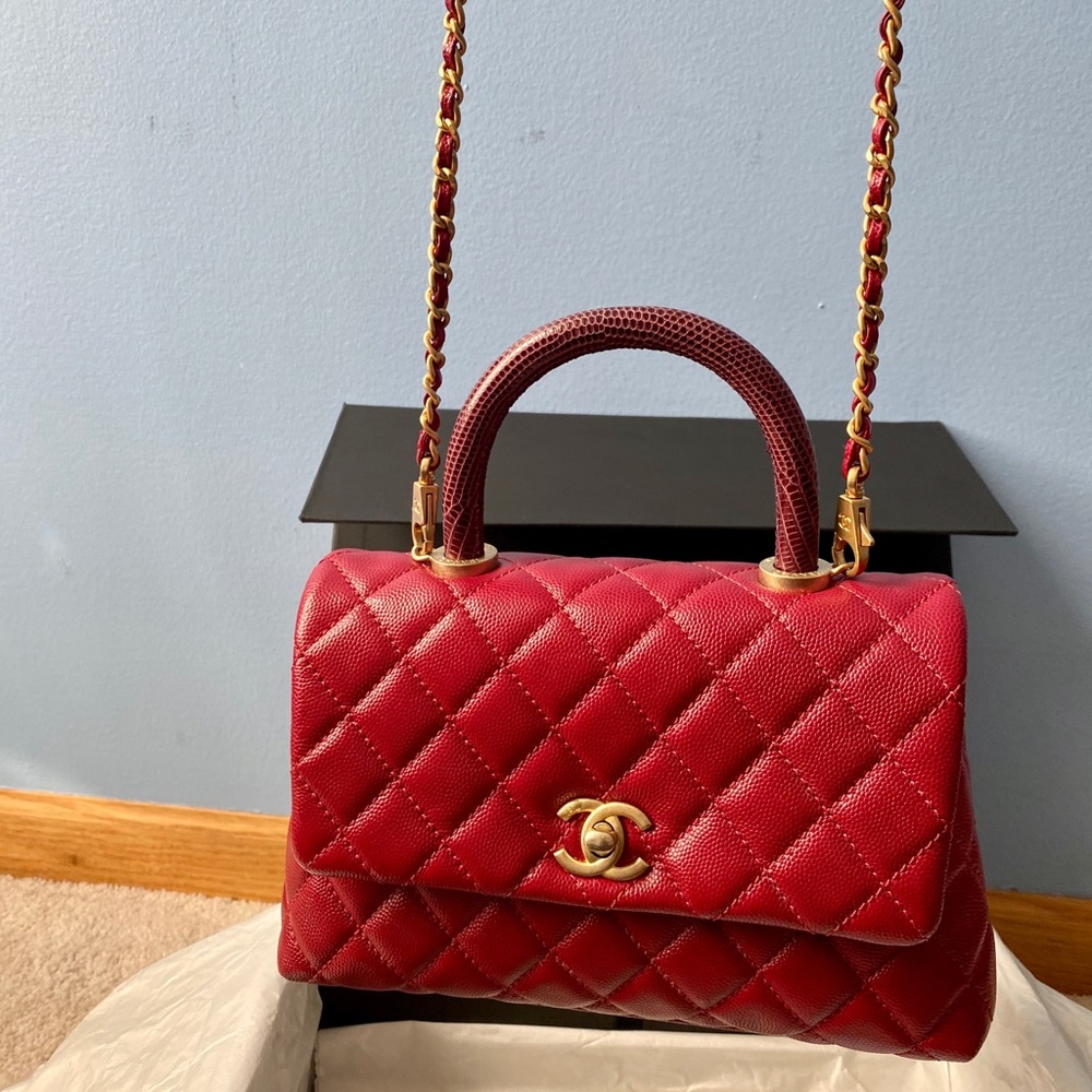 Chanel Caviar Red Mini Coco Handle Bag Lizard - Picture 11 of 12